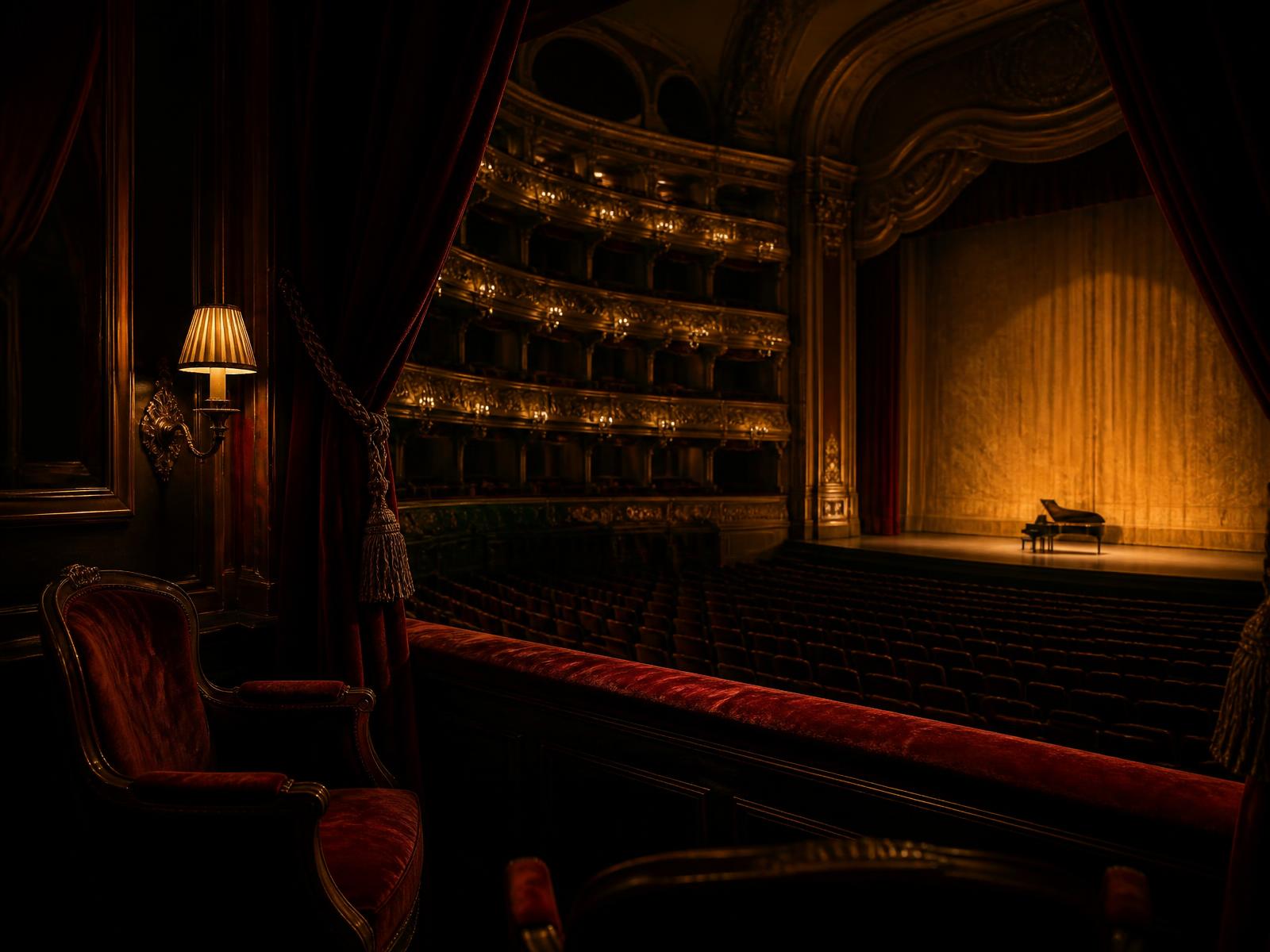 Loge privée d'une salle d'opéra éclairée par la scène